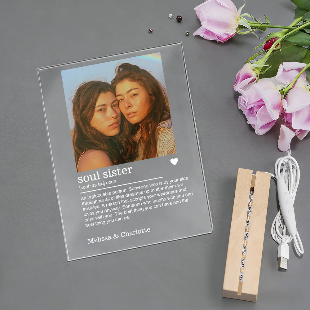 Personalised Best Friend Photo Multi Colour Acrylic LED Night Light with Name and Wooden Base Birthday Bridesmaid Anniversary Gift for Besties Sisters