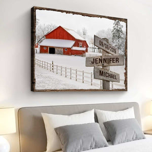 Custom Couple Name Christmas Sign, Red Barn In Snow Christmas Canvas Decoration