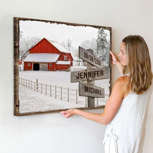 Custom Couple Name Christmas Sign, Red Barn In Snow Christmas Canvas Decoration