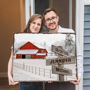 Custom Couple Name Christmas Sign, Red Barn In Snow Christmas Canvas Decoration
