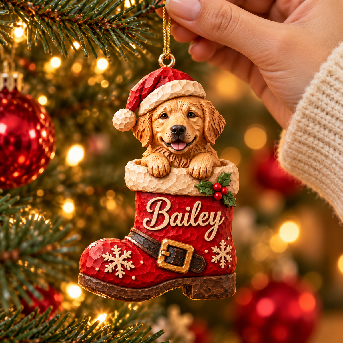 Personalized Dog Christmas Ornament – Custom Pet Photo & Name, 3D Relief Santa Boot Ornament, Christmas Gift for Dog Lovers 9e01ceb2-b0a0-478a-b6c9-6a0347fd0110-Hand-hung-Bailey-Santa-boot-ornament-4.png