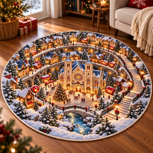 Christmas Cathedral Village 3D Illusion Round Rug, Snowy Church Square Floor Mat, Winter Wonderland Area Carpet, Festive Holiday Home Decor 9e56cb28-0019-43e1-8083-79b053e7c70a-Cathedral-Christmas-village-optical-illusion-rug-4.png