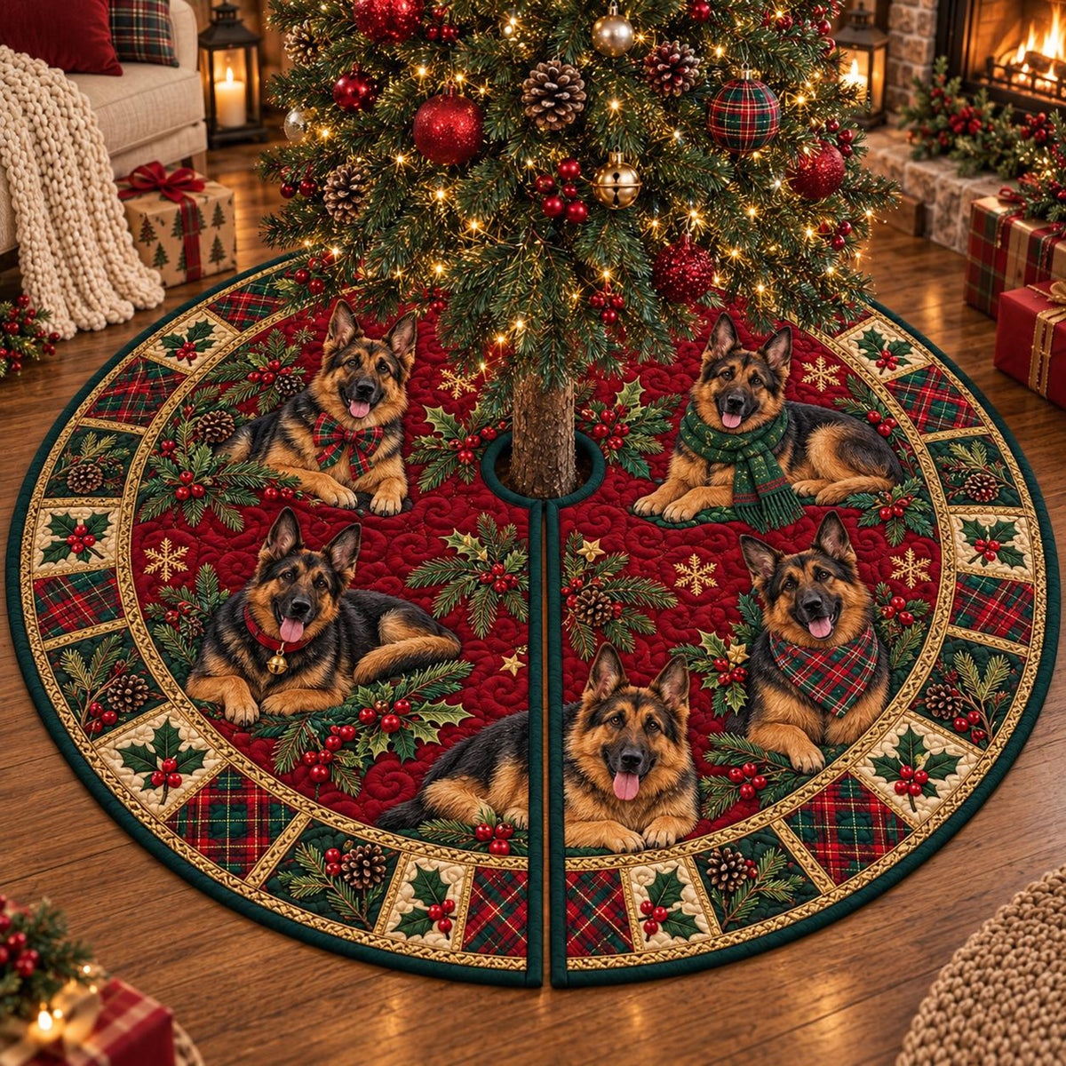 Quilted German Shepherd Christmas Tree Skirt – Red & Green Plaid Holiday Decor, Festive Tree Base Cover, Christmas Gift for Dog Lovers 9e6e356a-4682-476f-9c6f-aabc41f68369-2.jpg