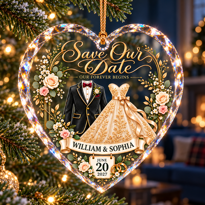 Personalized Save the Date Heart Christmas Ornament – Custom Couple Names and Wedding Date, Engagement Gift for Bride and Groom 9ec83ed0-e08d-4b29-9c9c-8436e453978a-Crystal-save-the-date-on-evergreen-1.png