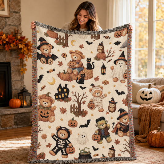 Halloween Teddy Bear Woven Blanket | Cozy Vintage Halloween Throw | Cute Fall Blanket | Cottagecore Halloween Decor | Bear Lovers Gift 9ee07916-bb45-4189-8713-b663d603fd5a-03c2bc75-4346-423d-8e84-33c0860b6c1f.png