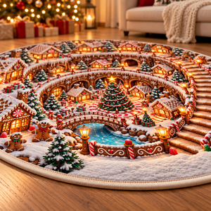 Gingerbread Village 3D Illusion Round Rug, Candy Cane Christmas Floor Mat, Winter Wonderland Area Carpet, Festive Holiday Home Decor 9ee17520-050a-470b-b600-c2ec37d67e6a-Gingerbread-Wonderland-Rug-in-Christmas-Glow-4.png
