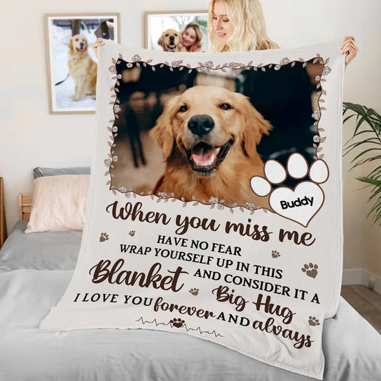 Personalised Miss Me No Fear Paw Print Soft Throw Blanket with Pet Photo and Name Pet Loss Memorial Sympathy Gift for Pet Lover