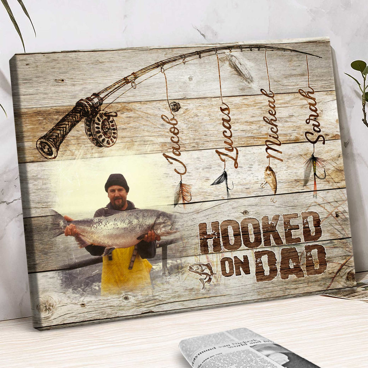 Personalized Fishing Gifts For Men, Fathers Day Fishing Gift With Kids Names, Hooked on Daddy Canvas Print