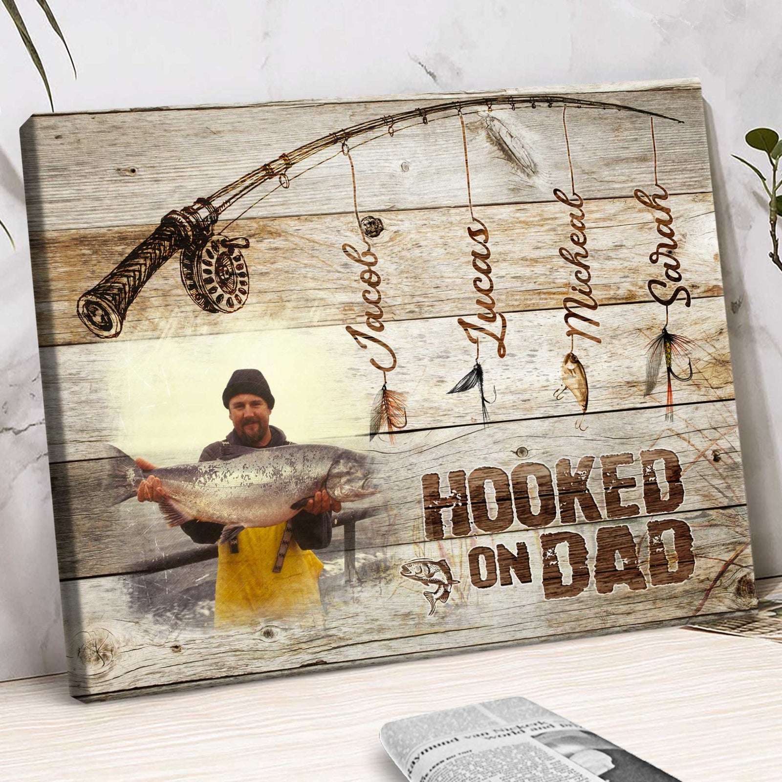 Personalized Fishing Gifts For Men, Fathers Day Fishing Gift With Kids Names, Hooked on Daddy Canvas Print