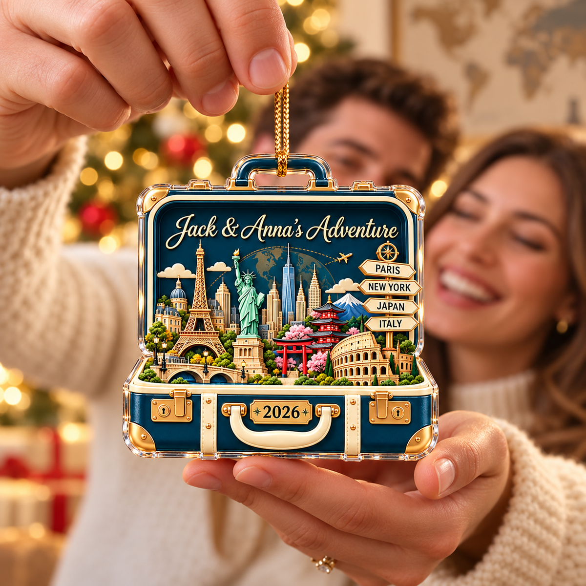 Personalized World Travel Suitcase Christmas Ornament – Custom Names & Year, Couples Adventure Keepsake, Gift for Travel Lovers 9f422f33-7b8c-4382-a306-bb2bbc2af09a-Couple-exchanges-a-travel-suitcase-ornament-2.png