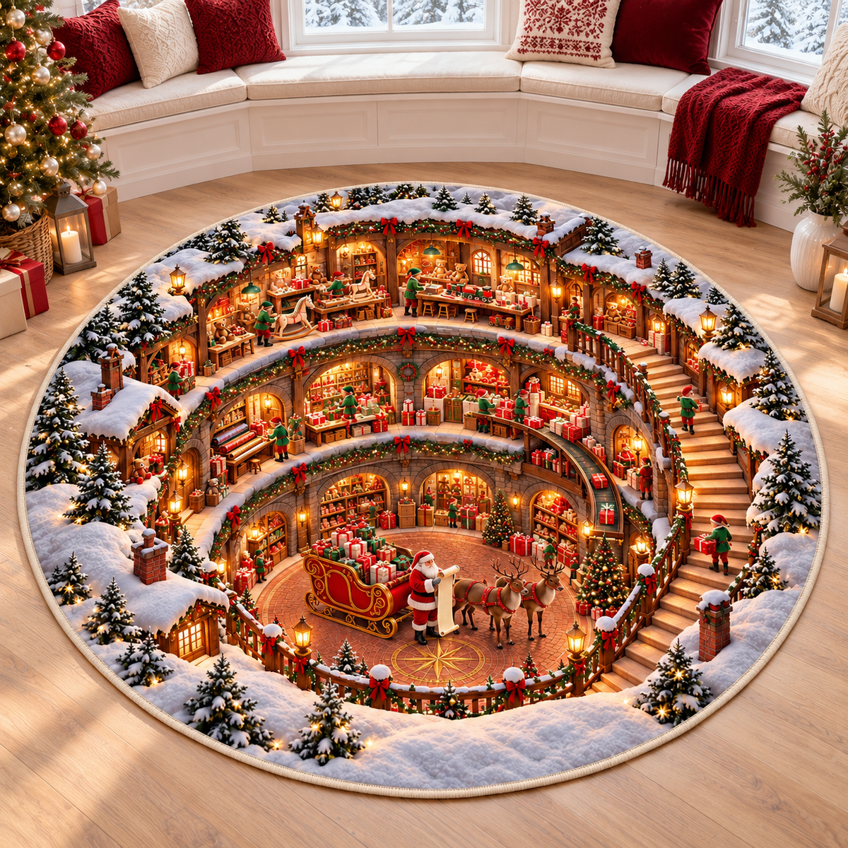 Santa’s Workshop 3D Illusion Round Rug, North Pole Christmas Village Floor Mat, Winter Wonderland Area Carpet, Festive Holiday Home Decor 9f4531e3-54c3-40bf-9444-32d219e9c861-Santa-s-Secret-Workshop-Illusion-Rug-4.png