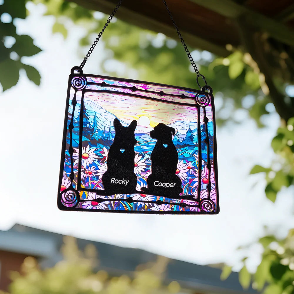 Personalised Stained Glass Style Dog Silhouette Design Window Hanging Suncatcher Ornament with Name Sympathy Memorial Gift for Dog Lovers Owner