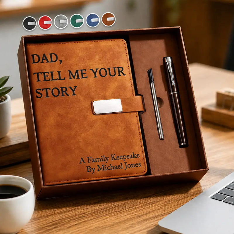 Tell Me Story Dad A Family Keepsake - Personalized Leather Notebook Set , Father's Day Gift , Gift For Dad , Gift For Grandpa