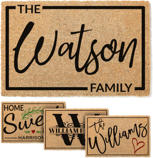Personalized Door Mat, Custom Coir Doormat with Family Name - 5 Designs, 3 Sizes - Housewarming Gifts, Wedding Gifts for Couple, Front Door Mat for Outdoor Decor