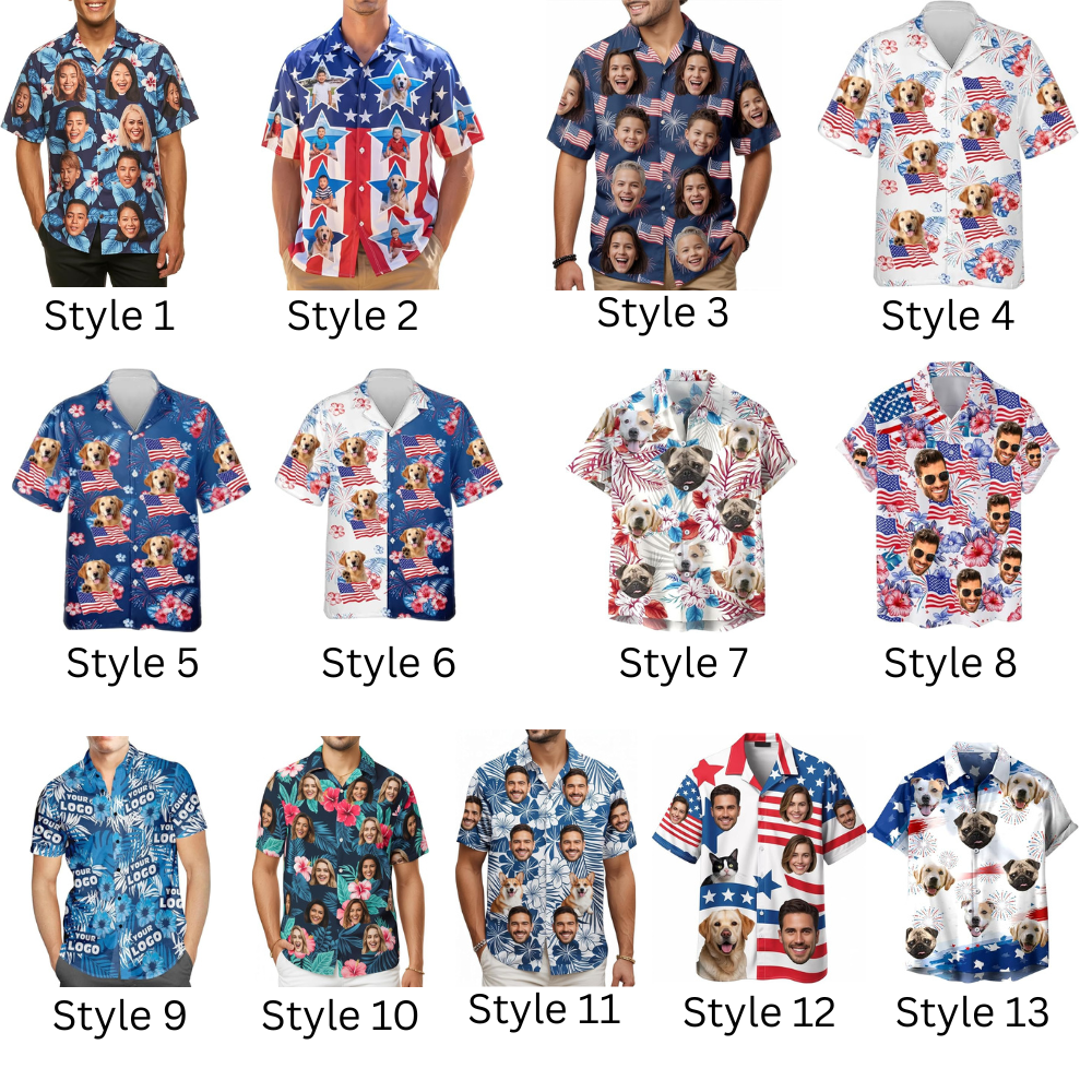 Custom Face Patriotic Short Sleeve Hawaiian Shirt, Personalized Photo Independence Day Hawaiian Shirt, Shirt for Men