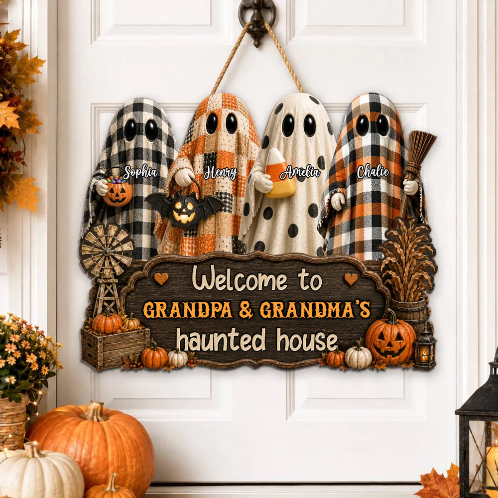 Halloween Farmhouse Style Welcome To Grandma Grandpa Haunted House - Personalized Wood Sign - Halloween Decoration For Grandparents