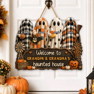 Halloween Farmhouse Style Welcome To Grandma Grandpa Haunted House - Personalized Wood Sign - Halloween Decoration For Grandparents