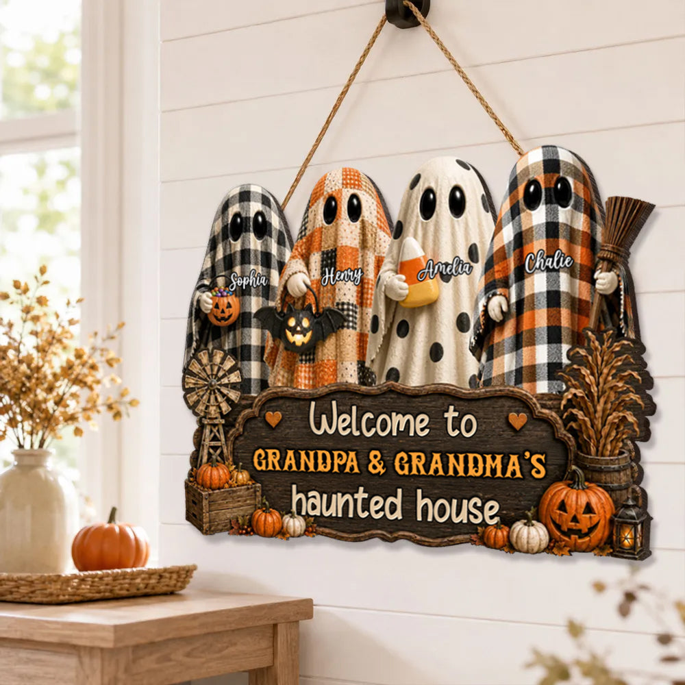 Halloween Farmhouse Style Welcome To Grandma Grandpa Haunted House - Personalized Wood Sign - Halloween Decoration For Grandparents