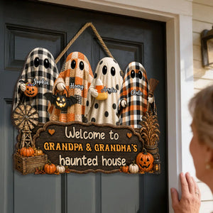Halloween Farmhouse Style Welcome To Grandma Grandpa Haunted House - Personalized Wood Sign - Halloween Decoration For Grandparents
