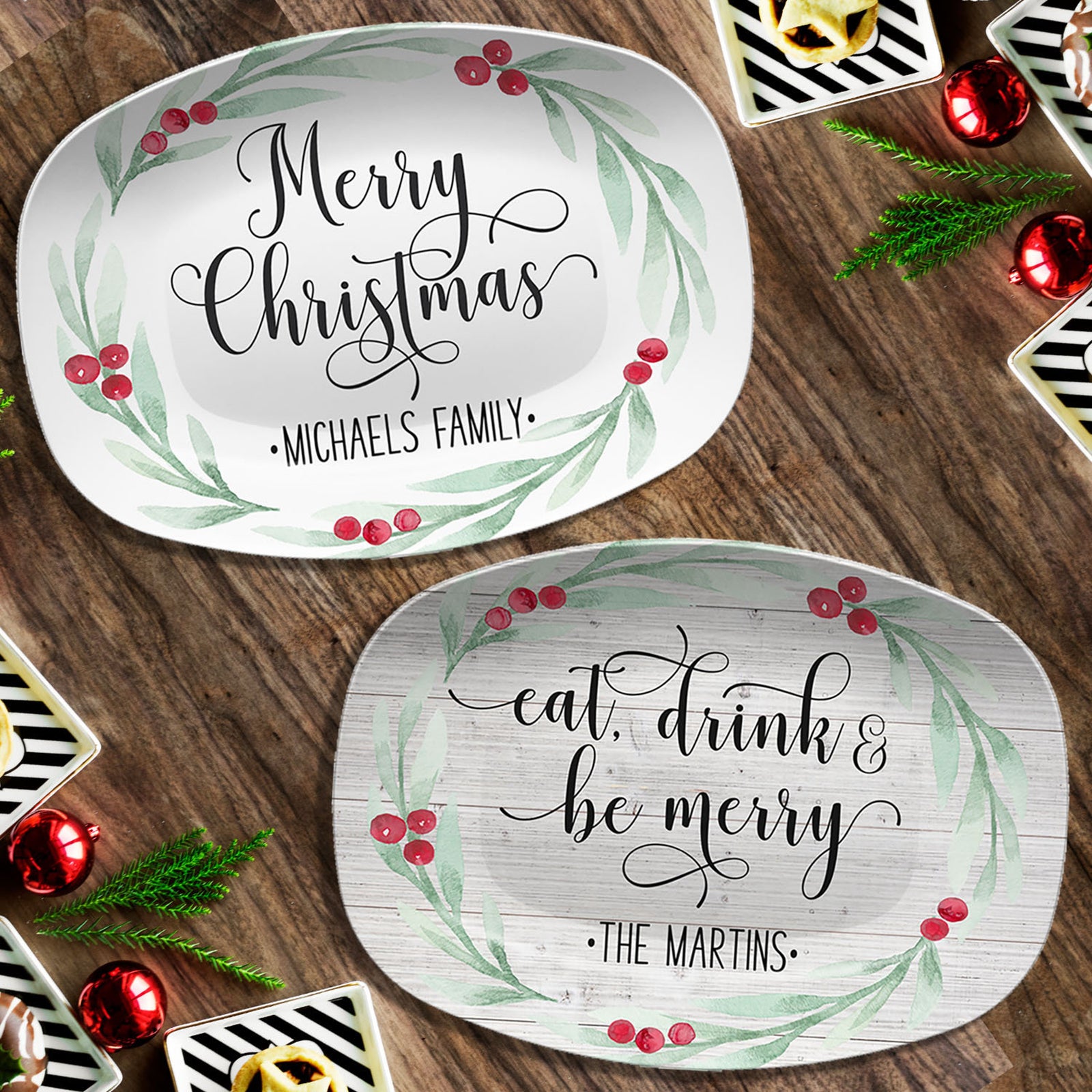 Holly Wreath Farmhouse Personalized Platter, Merry Christmas, Peace Joy Love, Tis the Season, Eat Drink Be Merry