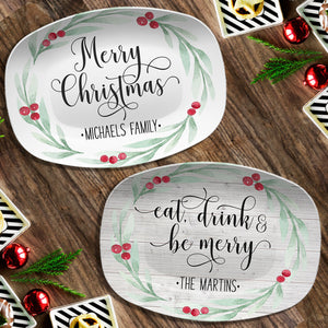 Holly Wreath Farmhouse Personalized Platter, Merry Christmas, Peace Joy Love, Tis the Season, Eat Drink Be Merry