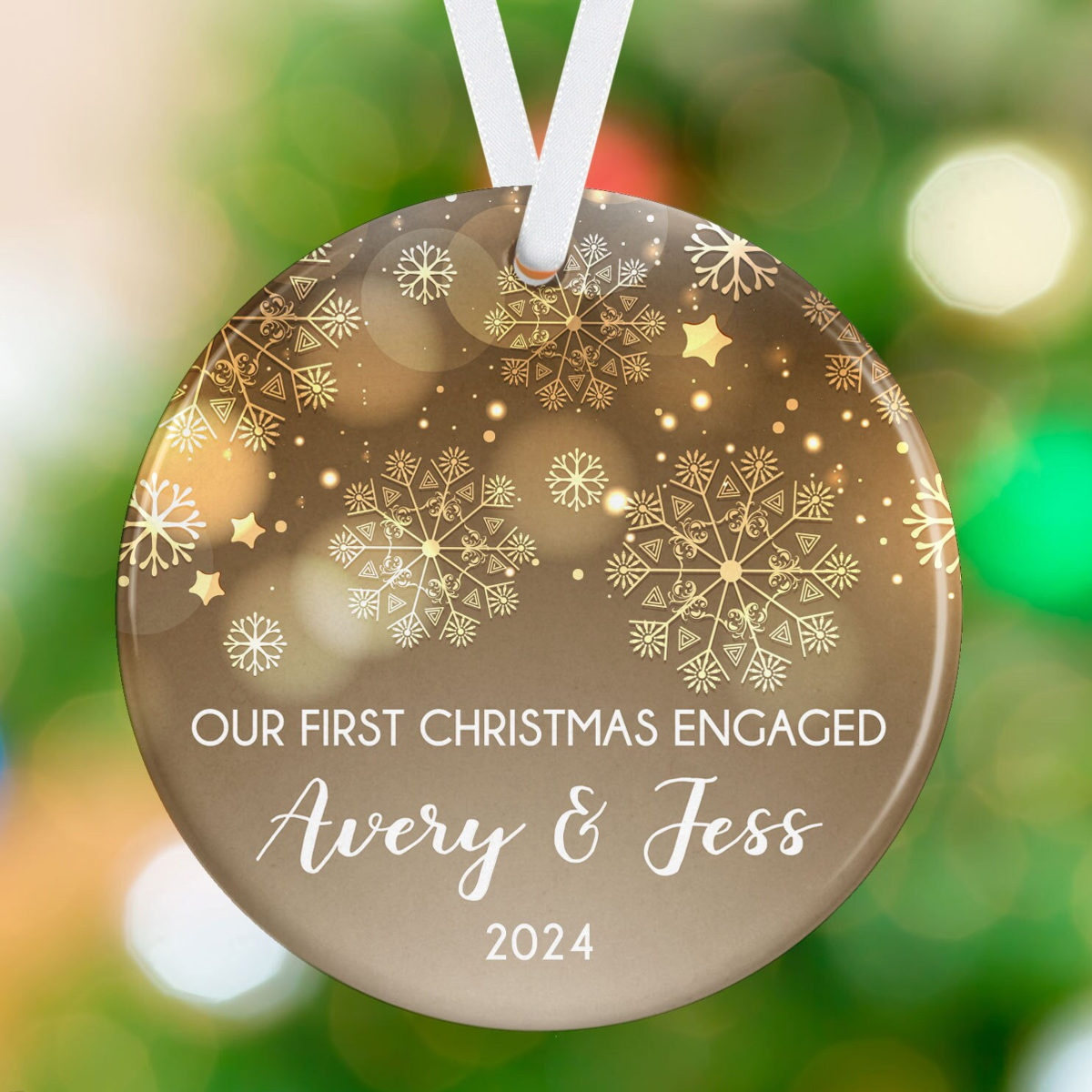 Engaged Couple Ornament, First Christmas Engaged Ornament, Golden Glow Snowflake, Personalized Engagement Christmas Tree Ornament