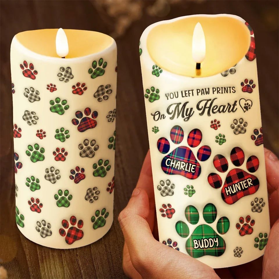 You Left Paw Prints On My Heart - Personalized Flameless LED Candle - Memorial Gift For Dog Owners, Sympathy Dog Loss Gift