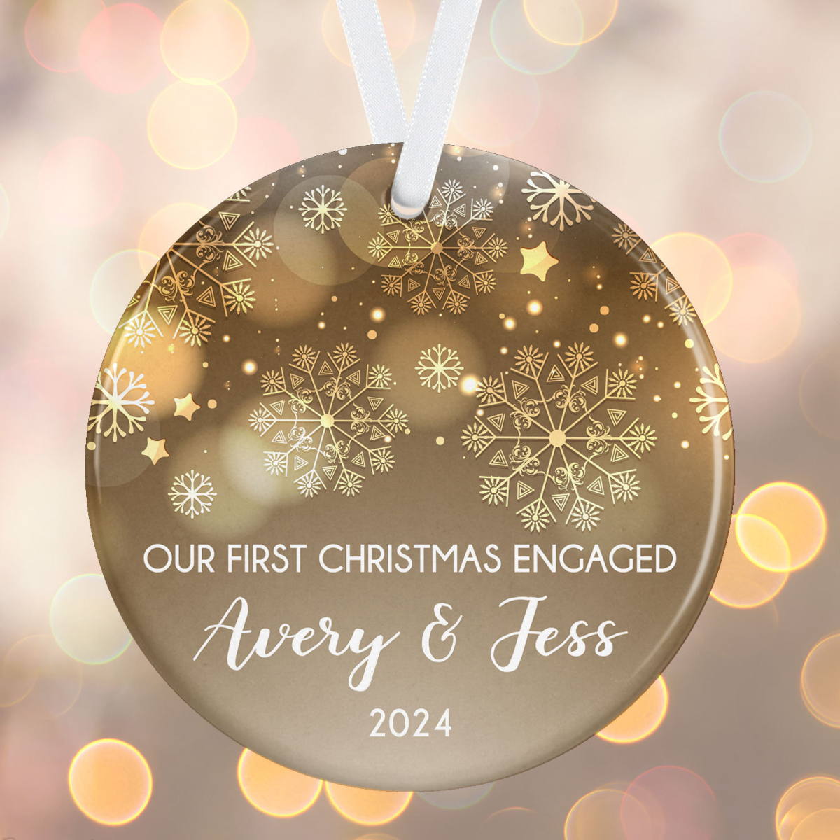 Engaged Couple Ornament, First Christmas Engaged Ornament, Golden Glow Snowflake, Personalized Engagement Christmas Tree Ornament