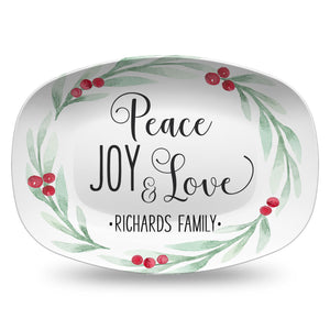 Holly Wreath Farmhouse Personalized Platter, Merry Christmas, Peace Joy Love, Tis the Season, Eat Drink Be Merry