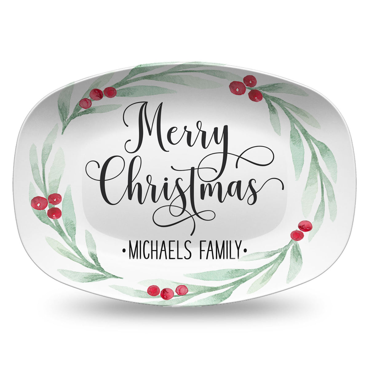 Holly Wreath Farmhouse Personalized Platter, Merry Christmas, Peace Joy Love, Tis the Season, Eat Drink Be Merry