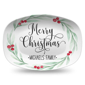 Holly Wreath Farmhouse Personalized Platter, Merry Christmas, Peace Joy Love, Tis the Season, Eat Drink Be Merry