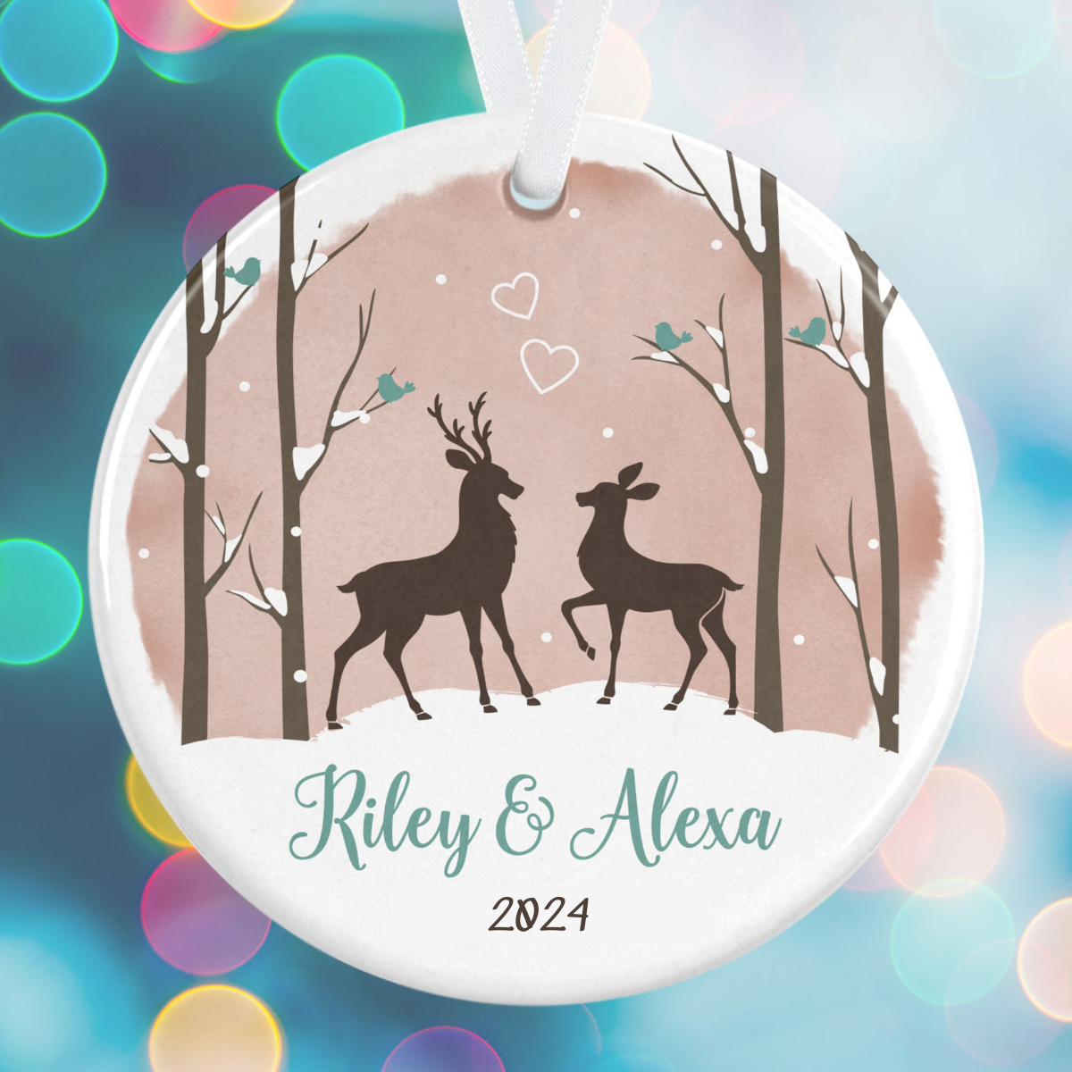 Deer Couple Christmas - Personalized Newlywed Holiday Ornament - Anniversary Ornament