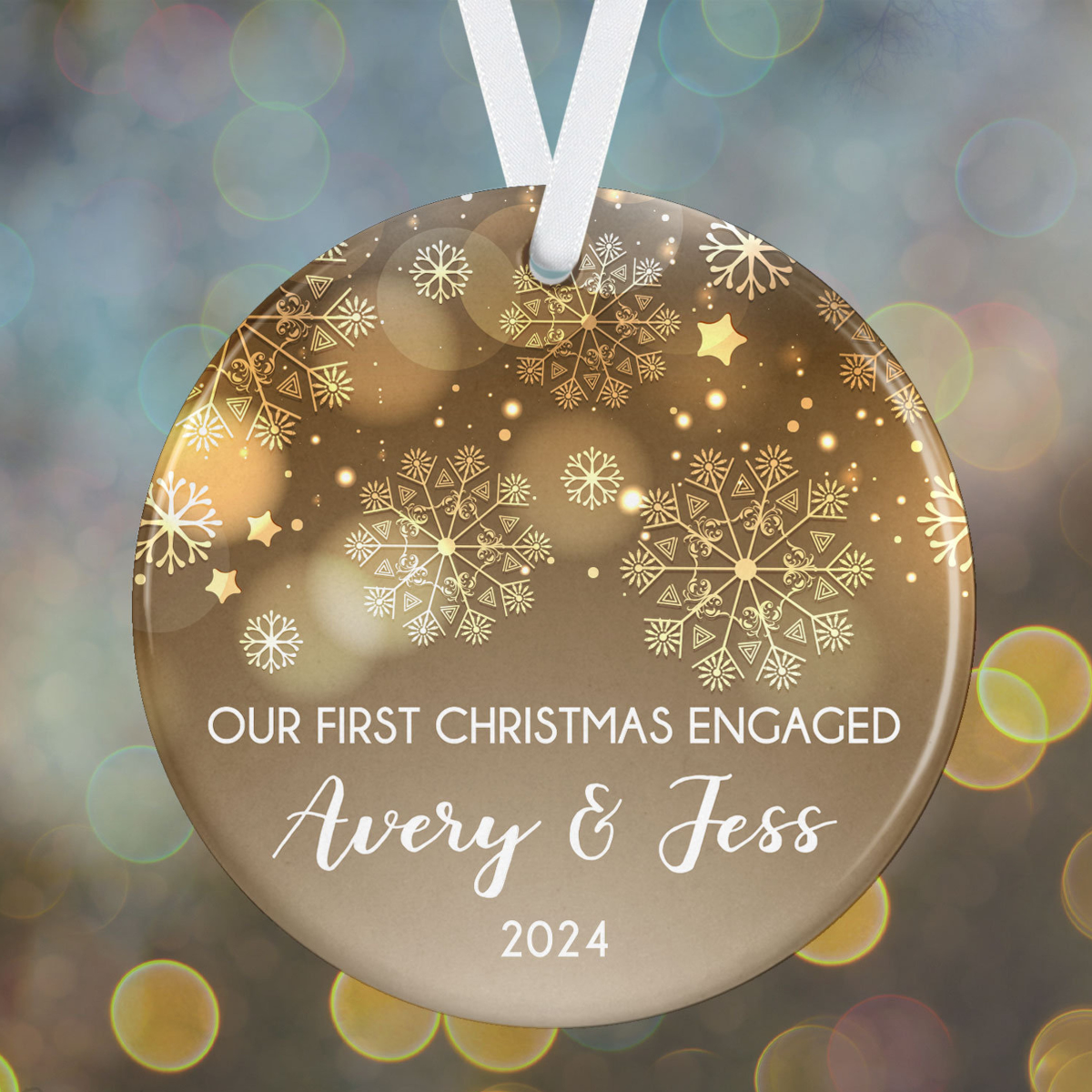Engaged Couple Ornament, First Christmas Engaged Ornament, Golden Glow Snowflake, Personalized Engagement Christmas Tree Ornament