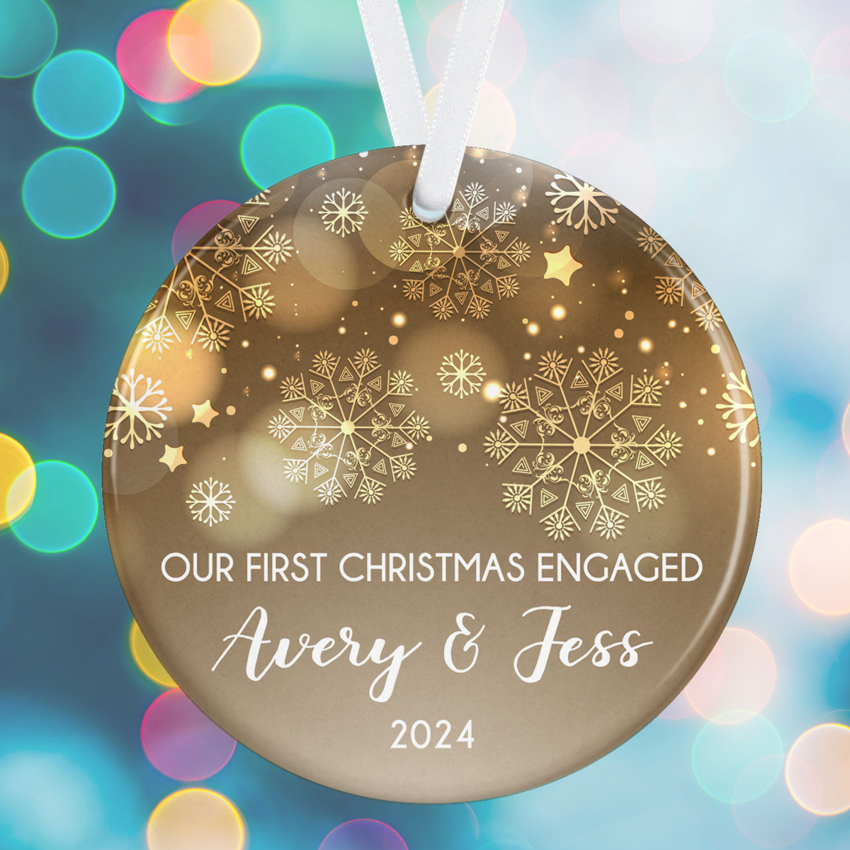 Engaged Couple Ornament, First Christmas Engaged Ornament, Golden Glow Snowflake, Personalized Engagement Christmas Tree Ornament