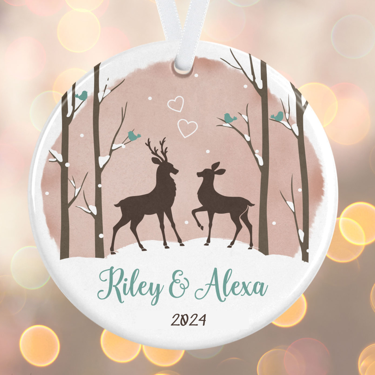 Deer Couple Christmas - Personalized Newlywed Holiday Ornament - Anniversary Ornament