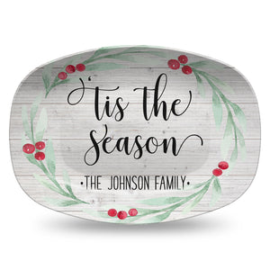 Holly Wreath Farmhouse Personalized Platter, Merry Christmas, Peace Joy Love, Tis the Season, Eat Drink Be Merry