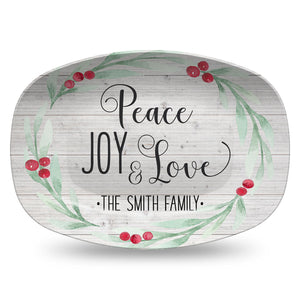 Holly Wreath Farmhouse Personalized Platter, Merry Christmas, Peace Joy Love, Tis the Season, Eat Drink Be Merry