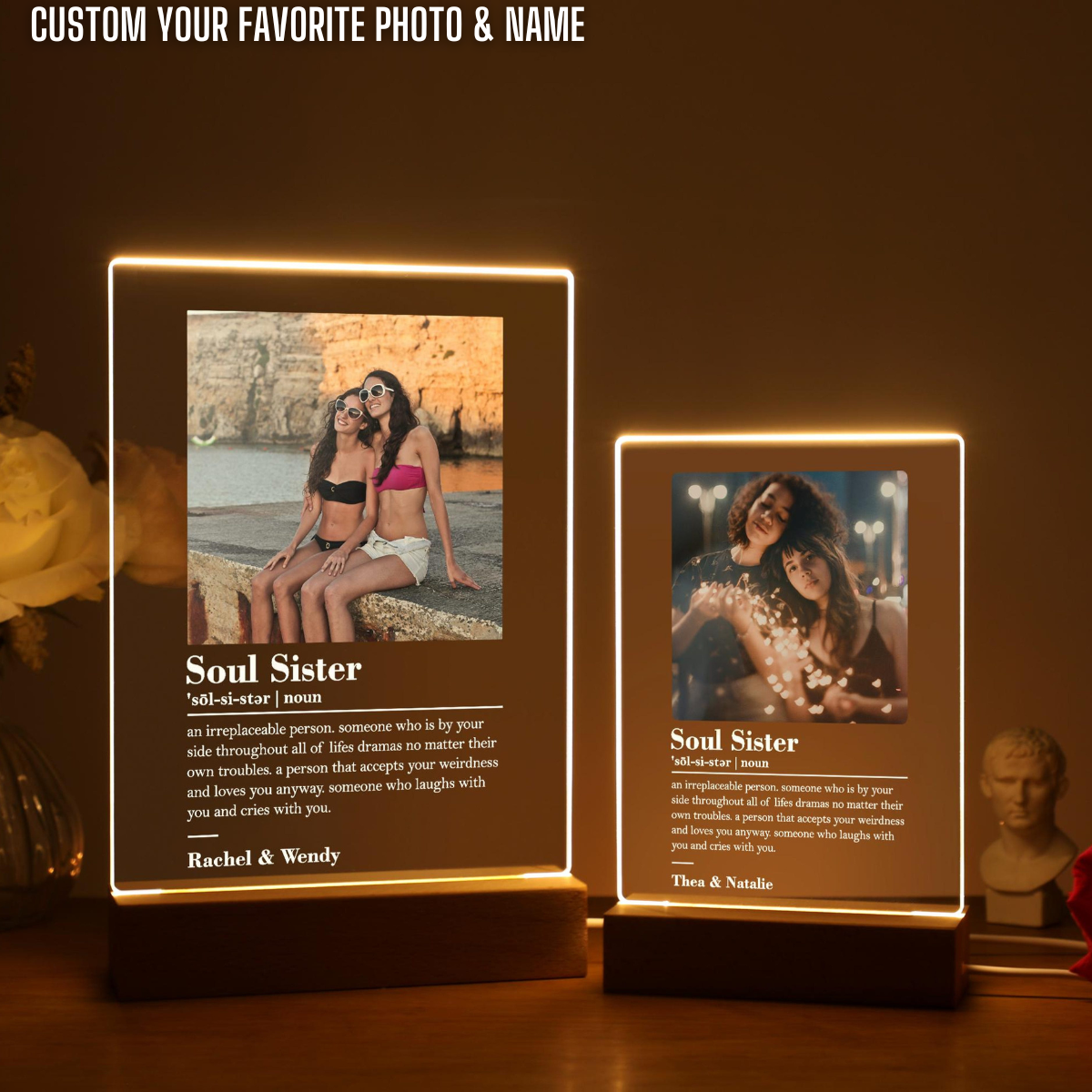Soul Sister Definition, Custom Photo Gift, Personalized Bestie Gift, 3D LED Light Wooden Base, Gift for Best friend