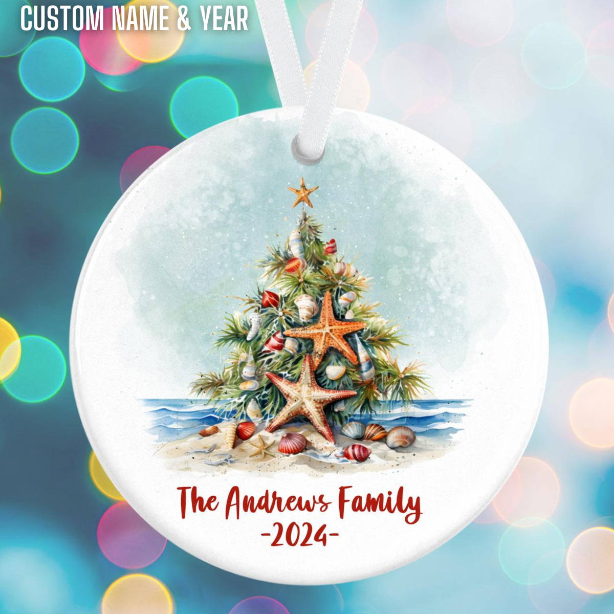 Tropical Family Christmas Ornament, Personalized Holiday Ornament, Beach Christmas Ornament, Starfish Ornament