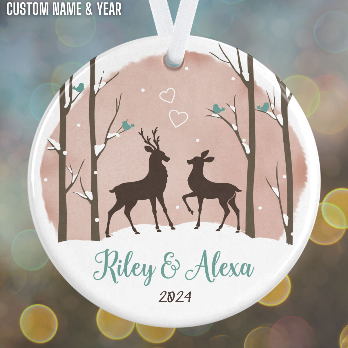 Deer Couple Christmas - Personalized Newlywed Holiday Ornament - Anniversary Ornament