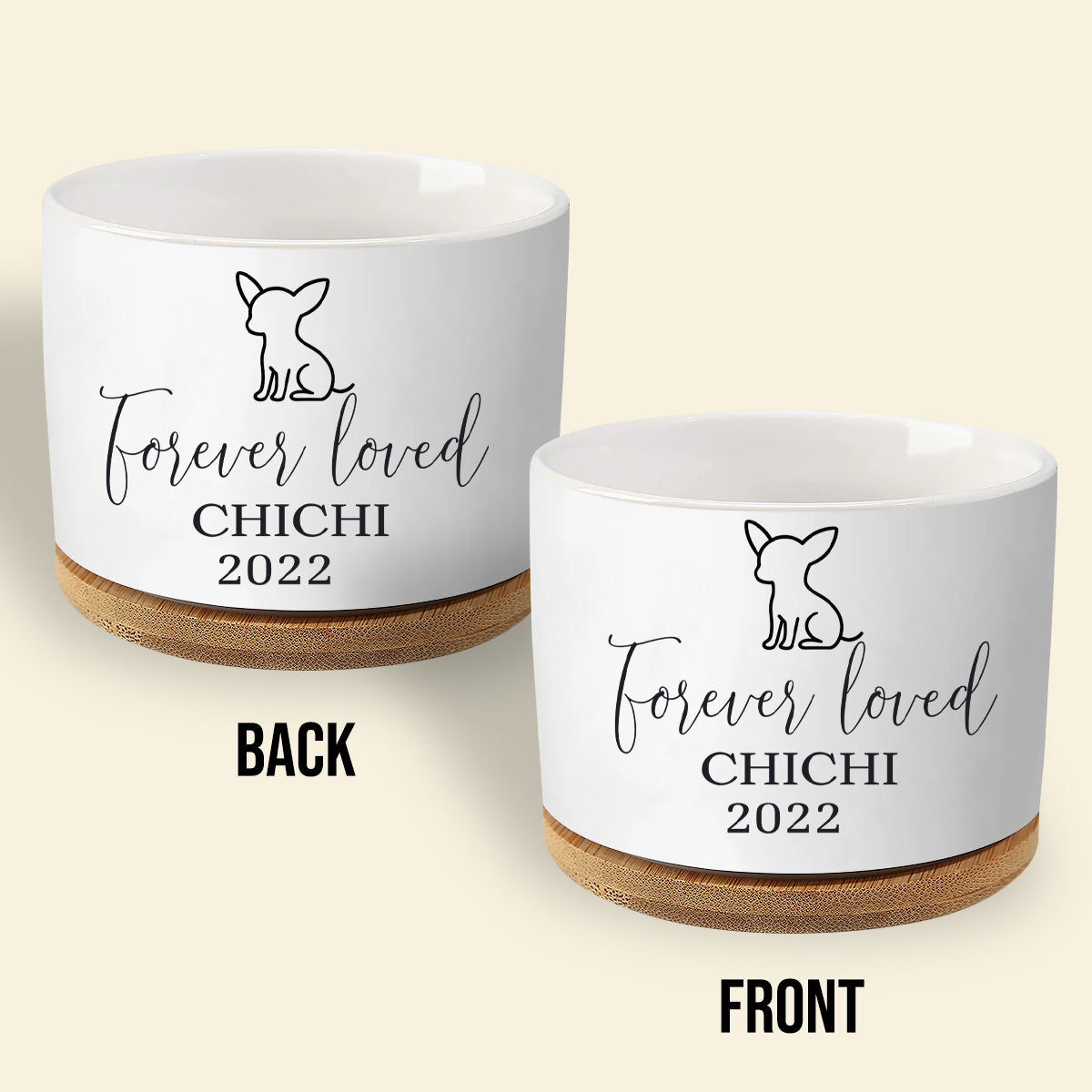 Personalized Dog Memorial Gift Planter - White Ceramic Pot w/ Bamboo Tray - Forever Loved - Dog Sympathy Gift - Pet Memorial Customize With Dog Breed