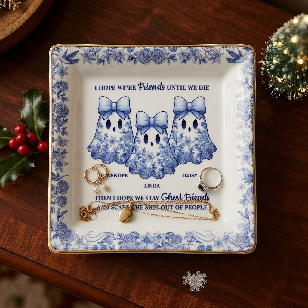 Cute Ghost Bestie Friends Until We Die Toile De Jouy Pattern - Personalized Ring Dish