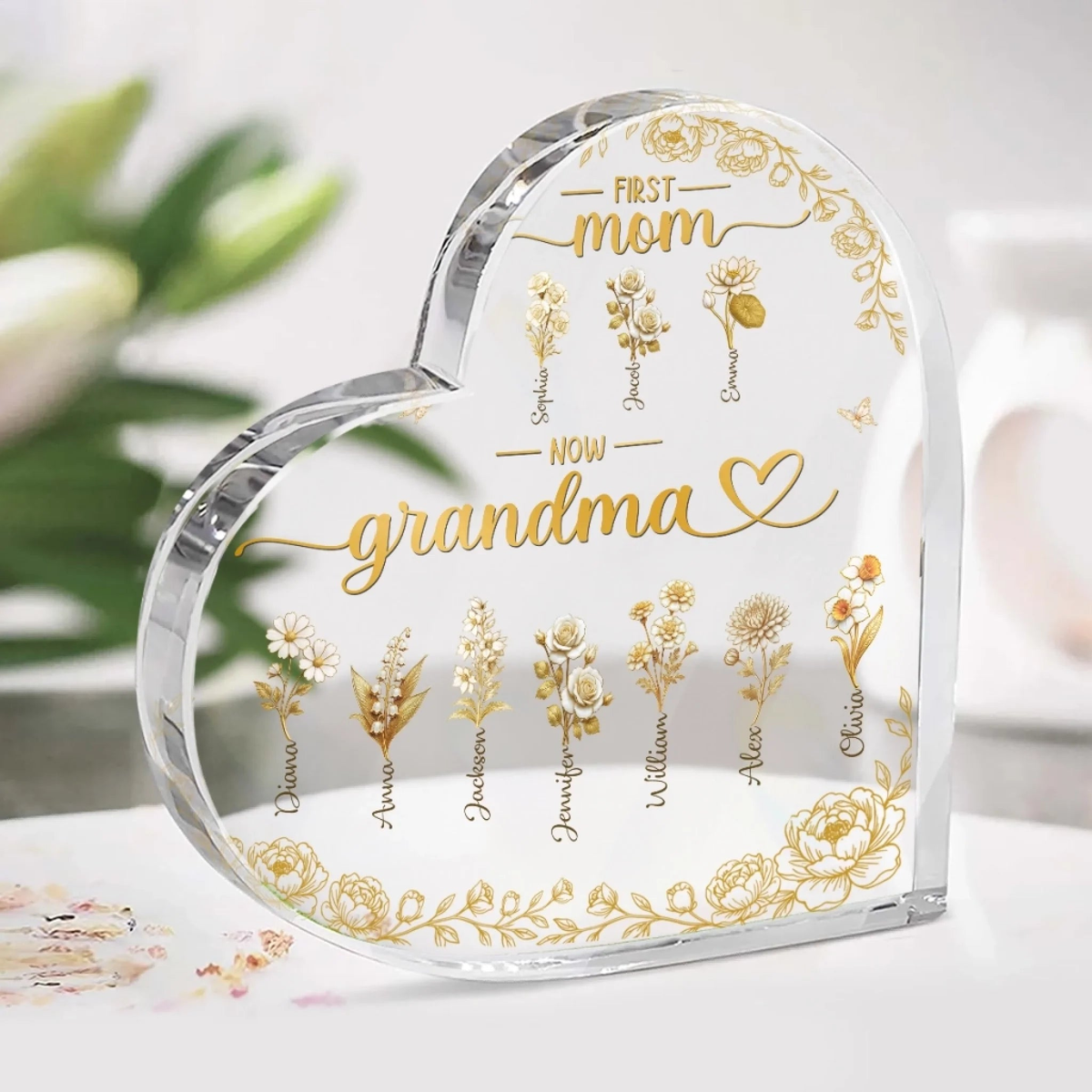 First Mom Now Nana Vintage Gold Flowers - Personalized Heart Shaped Acrylic Plaque - Gift For Grandma, Mother's Day Gift