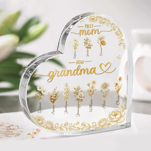 First Mom Now Nana Vintage Gold Flowers - Personalized Heart Shaped Acrylic Plaque - Gift For Grandma, Mother's Day Gift