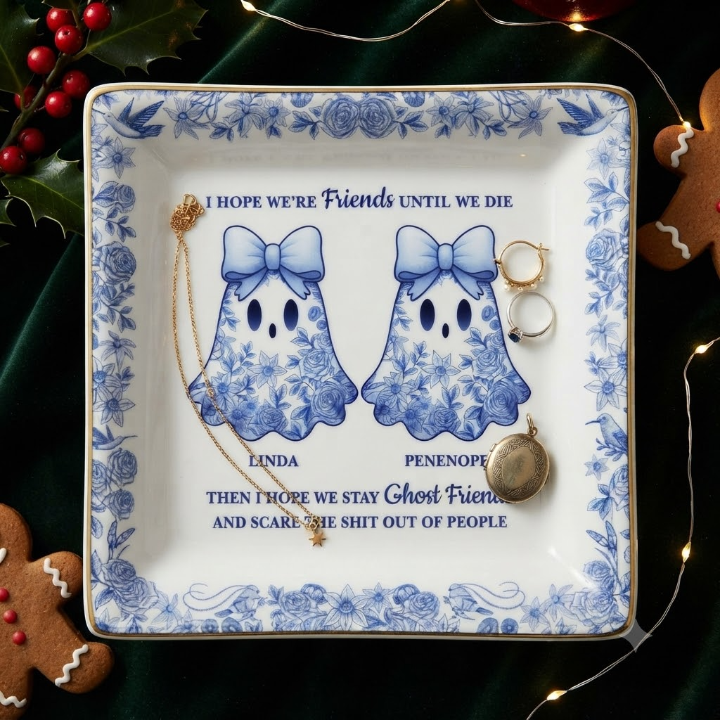 Cute Ghost Bestie Friends Until We Die Toile De Jouy Pattern - Personalized Ring Dish