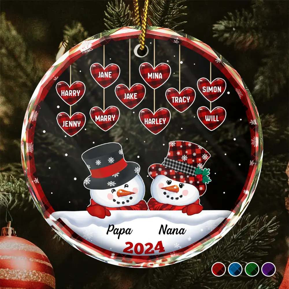 Papa Nana Snowman Christmas Grandparents - Personalized Circle Glass Ornament