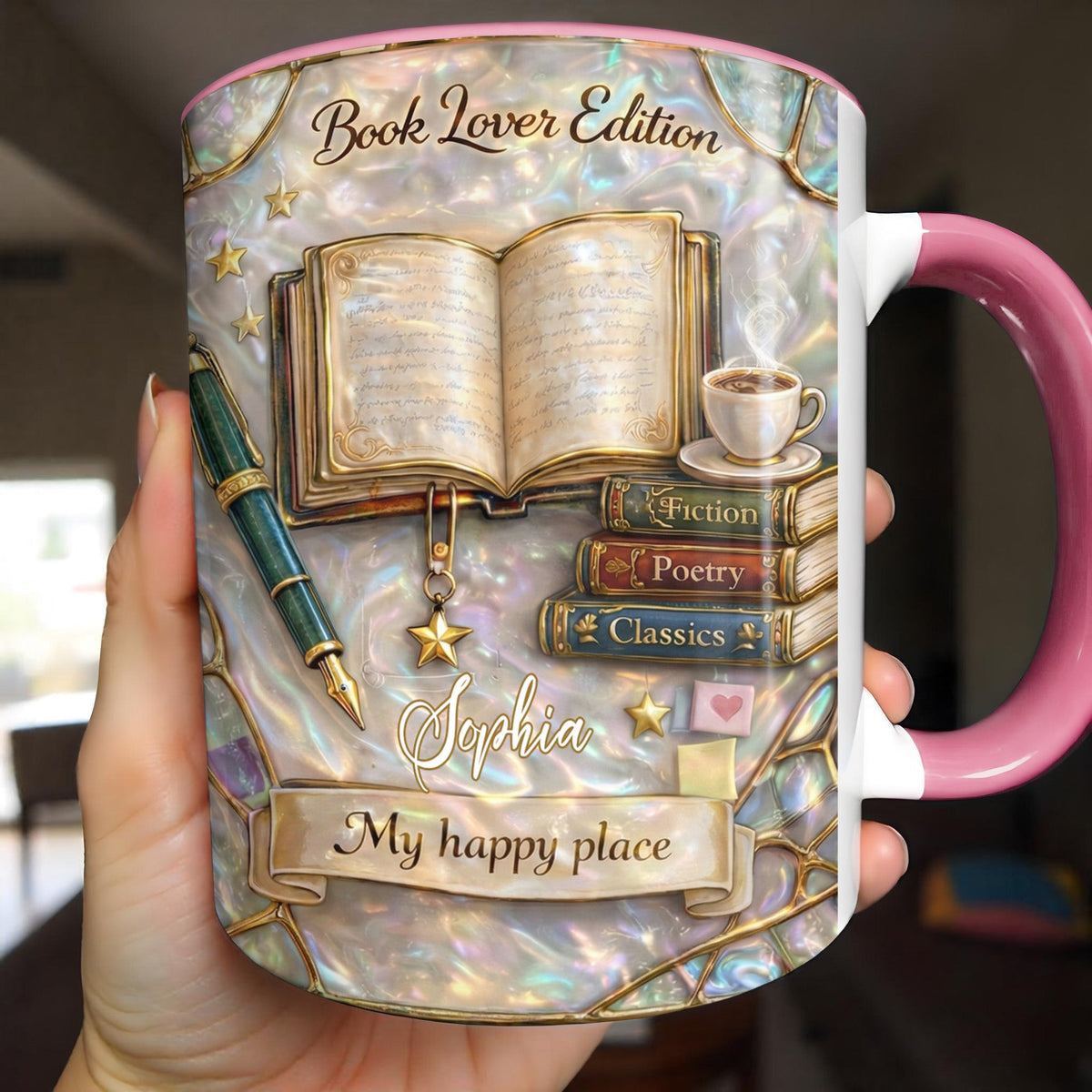 Book Lover Edition, My Happy Place With Books And Coffee, Custom Accent Mug, Gift for Book Lovers