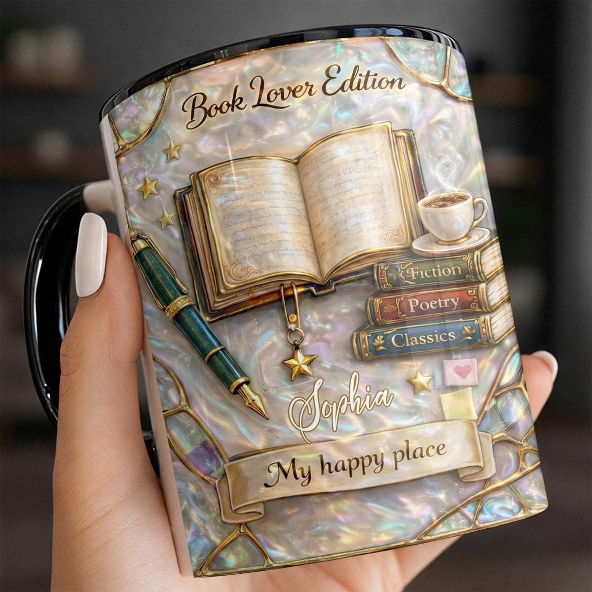 Book Lover Edition, My Happy Place With Books And Coffee, Custom Accent Mug, Gift for Book Lovers