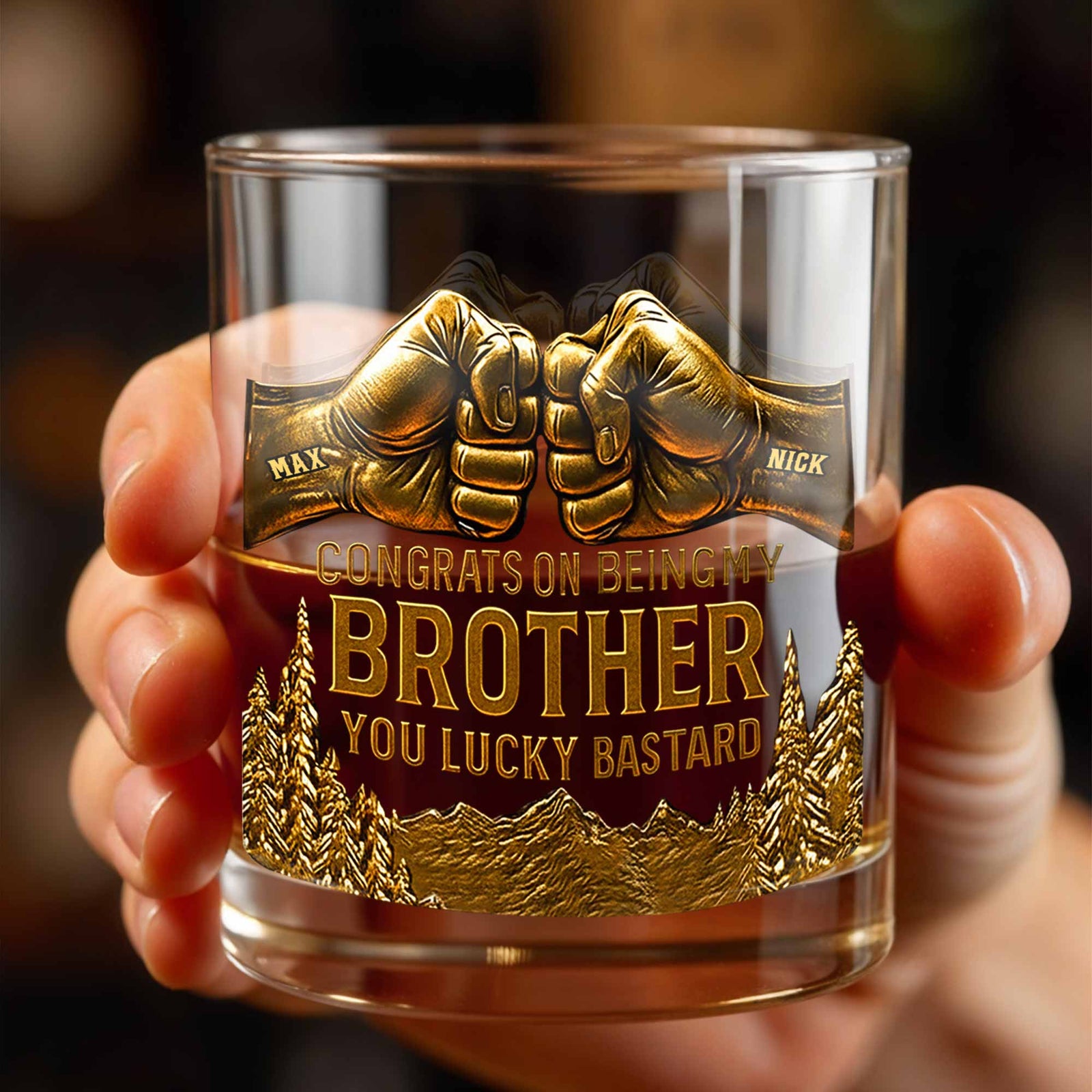 Congrats On Being My Brother, Fist Bump And Mountains Design, Personalized Custom Whiskey Glass, Gift For Brothers