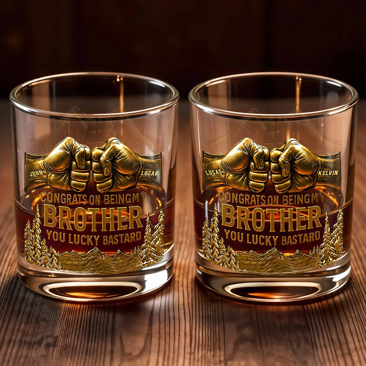 Congrats On Being My Brother, Fist Bump And Mountains Design, Personalized Custom Whiskey Glass, Gift For Brothers
